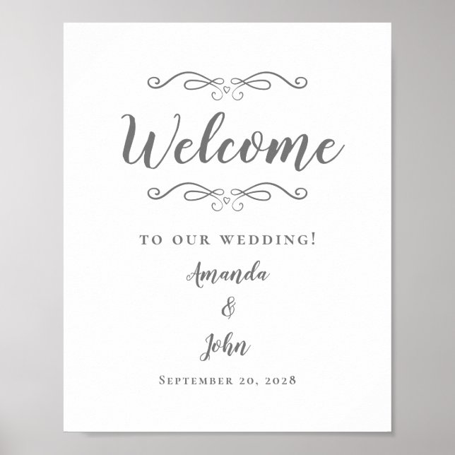 Välkommen Bröllop Elegant Calligraphy Grått White Poster (Framsidan)