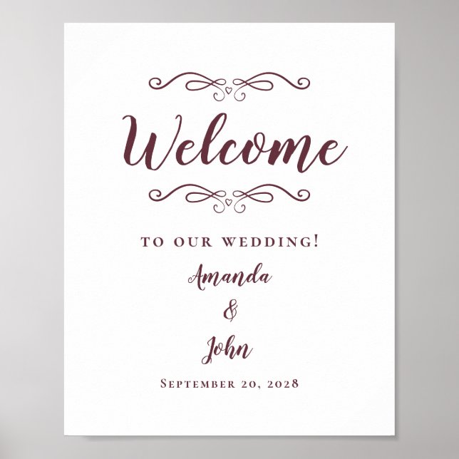 Välkommen Bröllop Elegant Chic Kalligrafi Burgunde Poster (Framsidan)