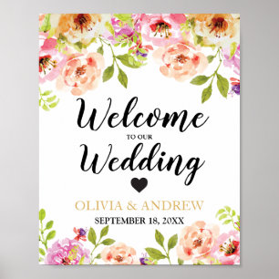 Välkommen Bröllop Orange Rosa Watercolor Blommigt Poster