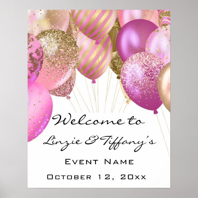 Välkommen Bröllop Poster Rosa Guld Ballons White (Framsidan)
