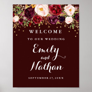 Välkommen Bröllop Sign Guld Confetti Burgundy Blom Poster