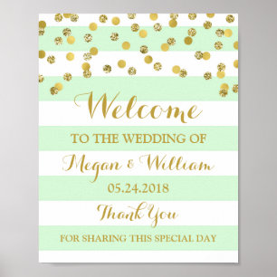 Välkommen Bröllop Sign Mint Rand Guld Confetti Poster