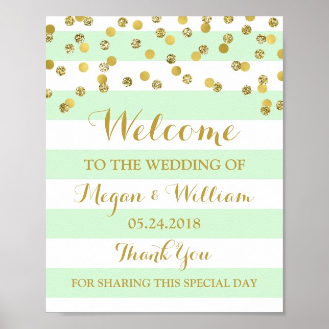 Välkommen Bröllop Sign Mint Rand Guld Confetti Poster (Framsidan)