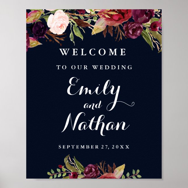 Välkommen Bröllop-signera Burgundy-Blommigten för  Poster (Framsidan)