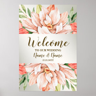 Välkommen Bröllopsfest Persika Orange Blommor Löv Poster