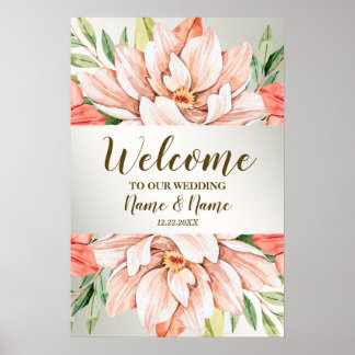 Välkommen Bröllopsfest Persika Orange Blommor Löv Poster
