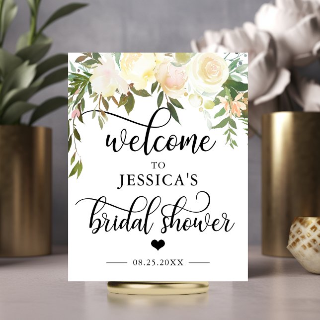 Välkommen Bröllopsfest Rosafärgad VÄLKOMSTSKYLt Poster (Welcome Bridal Shower Floral Pink WELCOME SIGN)