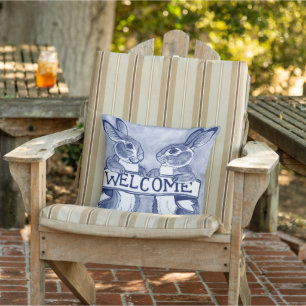 Välkommen Bunny Rabbit Porch Decor Blue & White Kudde