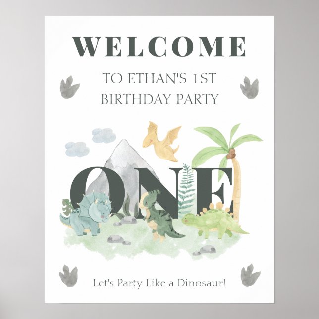 Välkommen Dinosaur 1:a födelsedagspojken Cute Jung Poster (Framsidan)