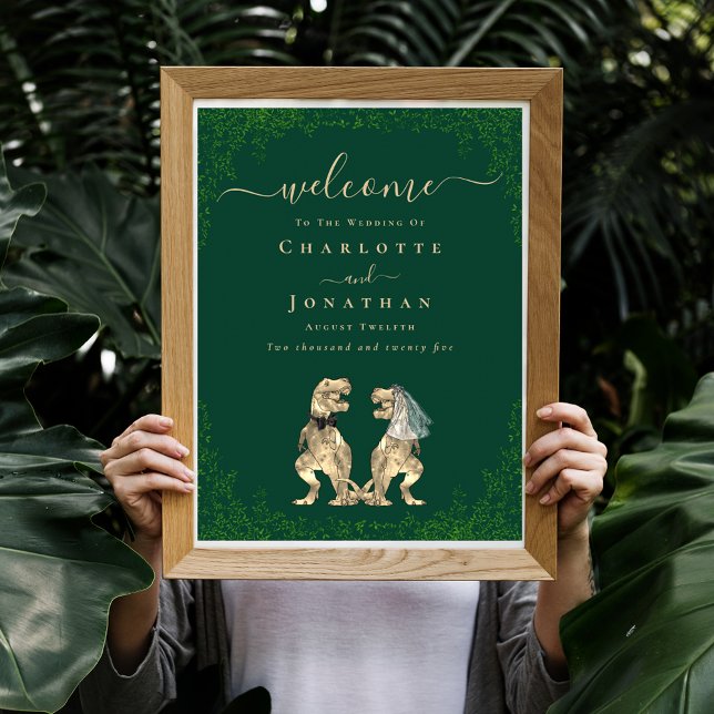 Välkommen Dinosaurie-tema Bröllop Mörkgrön Poster (Dinosaur themed wedding custom welcome dark green poster with funny T-Rex bride and groom dino)