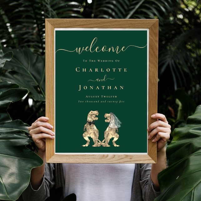 Välkommen Dinosaurie-tema Bröllop Mörkgrön Poster (Dinosaur wedding welcome dark green sign T-Rex dino bride and groom elegant modern script )