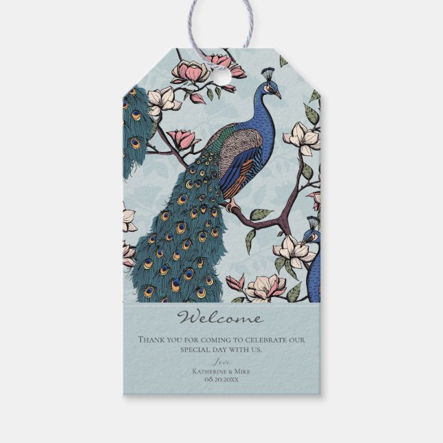 Välkommen Elegant Dammig Blå Blommig Påfågel Presentetikett (Framsidan)