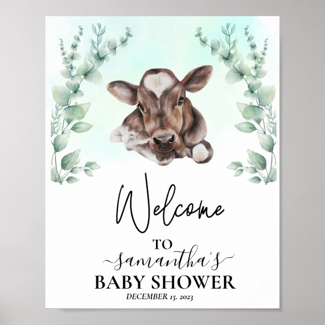 Välkommen Eucalyptus Cow Calf Baby Shower Poster (Framsidan)