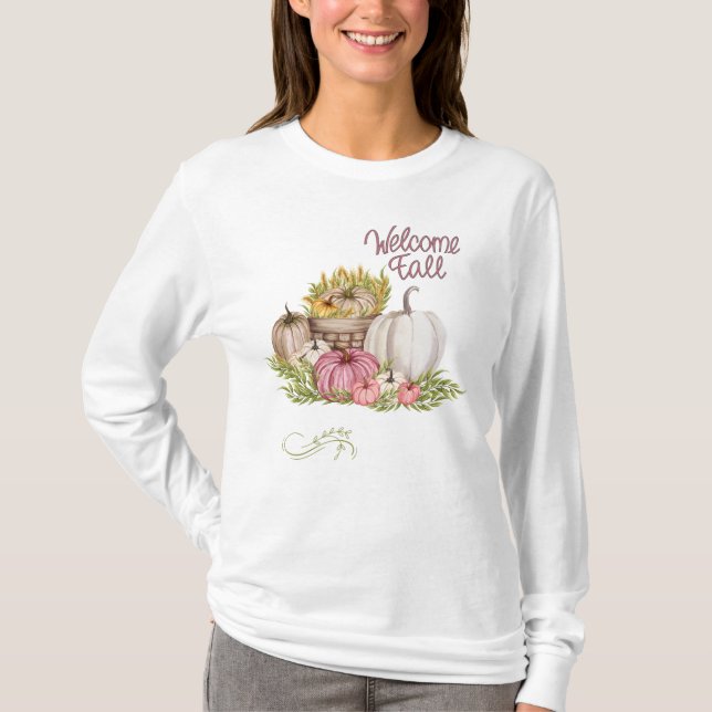 Välkommen Fall Pumpkins Flowers T Shirt (Framsida)