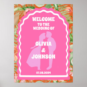 Välkommen fetstilt Rosa Orange Retro Blommigt Arch Poster