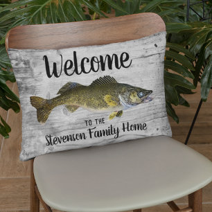 Välkommen Fishing Walleye Family Namn Home Cottag Prydnadskudde