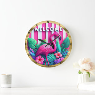 Välkommen Flamingo Tropical Rand Stor Klocka