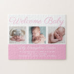 Välkommen Flicka Blue Cute Newborn Photo Gift Pussel<br><div class="desc">Välkommen baby. En klassisk flicka-fotomeddelandegåva i söt rosa med vacker kursiv typografi över din söta nyfödda fotosamlingsplats.</div>