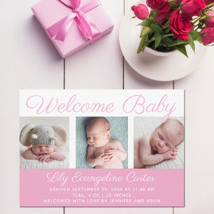 Välkommen Flicka Photo Söt Rosa Birth Meddelande