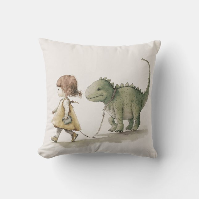 Välkommen flicka som går med dinosaur dekorativ ku kudde (Framsida)