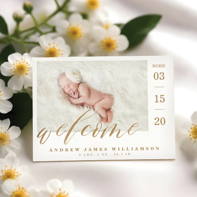 Välkommen Guld Script Baby Birth Stats & Photo Magnetisk Inbjudningskort (Welcome Gold Script Baby Birth Stats & Photo Magnetic Invitation)