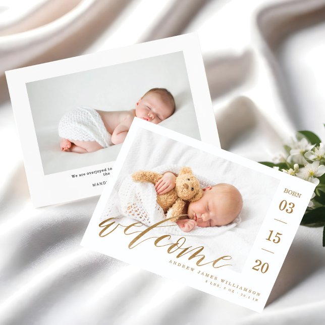 Välkommen Guld Script Baby Birth Stats & Photo Meddelande (Welcome Gold Script Baby Birth Stats & Photo Announcement)