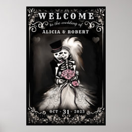Välkommen Halloween Skeletons Rosa Blommigt Bröllo Poster