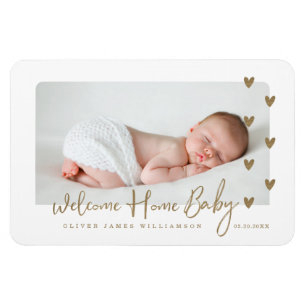 Välkommen hem, Baby Modern Minimal Guld Hearts Pho Magnet