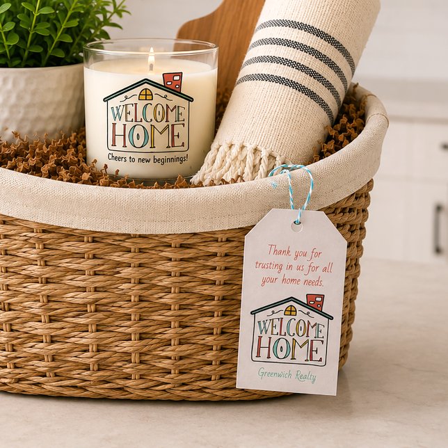 Välkommen Hem Fastighetsmäklare Klient Present Kor Presentetikett (Realty New Homeowner Gift Tag)
