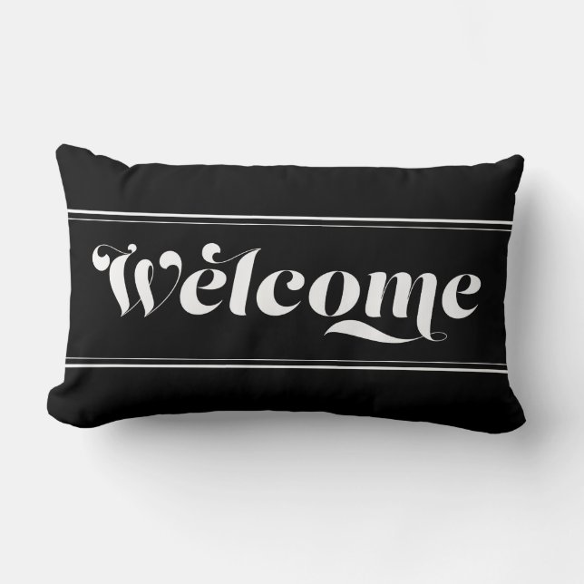 Välkommen hem svart & vit script chic kalligrafi lumbarkudde (Framsida)