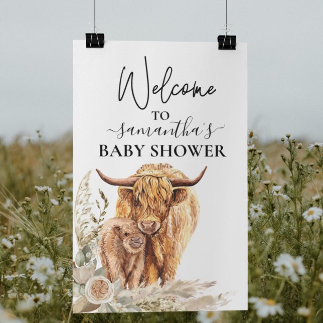 Välkommen Highland Cow Kalv Baby Shower Boho Poster (Skapare uppladdad)