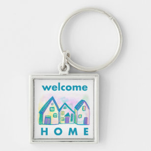 VÄLKOMMEN HOME Watercolor Houses Cute Cheerful Fyrkantig Silverfärgad Nyckelring