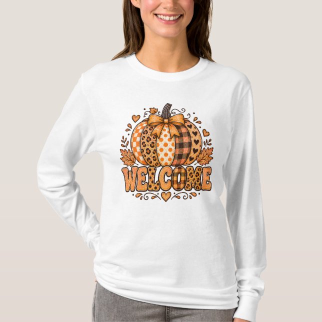 Välkommen Höst Leopard Lapptäcke Pumpa Båge Skörd T Shirt (Framsida)
