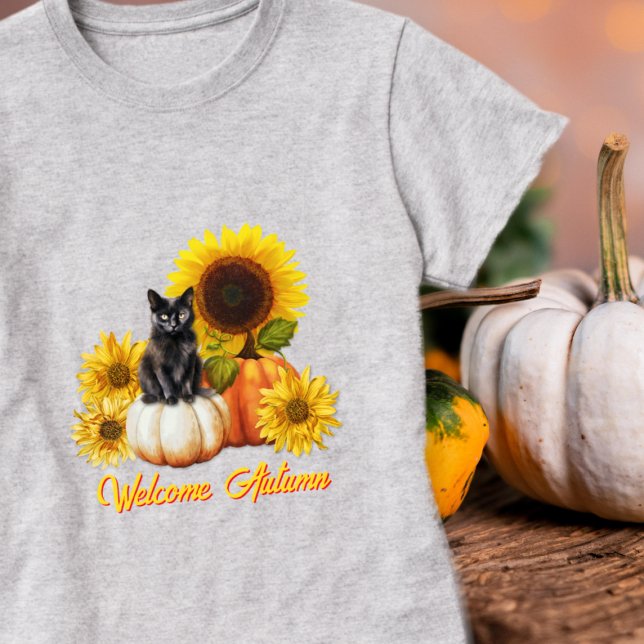 Välkommen Höst Svart Katt Solrosor Pumpa T Shirt (Skapare uppladdad)
