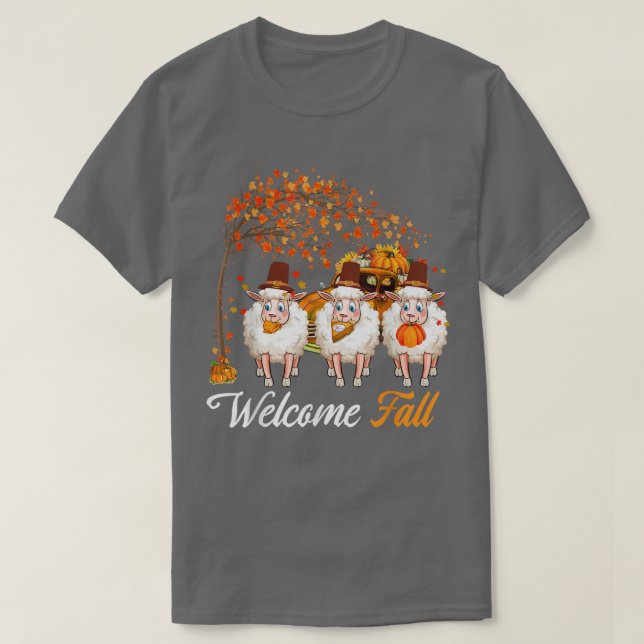 Välkommen Hösten Träd Tre får Farmer Pumpkins Pi T Shirt (Design framsida)