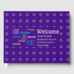 VÄLKOMMEN Kärlek Joy Peace Hebrew LILA Personlig<br><div class="desc">Behålla minnet av dina speciella sammankomster levande genom att samla in dina gästers tankar i detta subtilt snyggt ROYAL LILA och grått Guest Bok. Platshållartexten är anpassade, så du kan ändra beskrivningen, t.ex. till din familj namn etc. Ord KÄRLEK JOY PEACE är också skrivet i hebreiska (och färg-kodade). Passar för...</div>