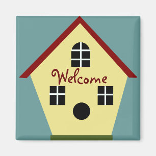 Välkommen Land Blue och Gult Birdhouse Magnet