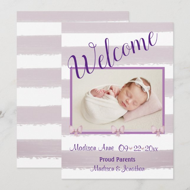 Välkommen Lila Photo Script Personalize Birgement Meddelande (Fram/baksida)