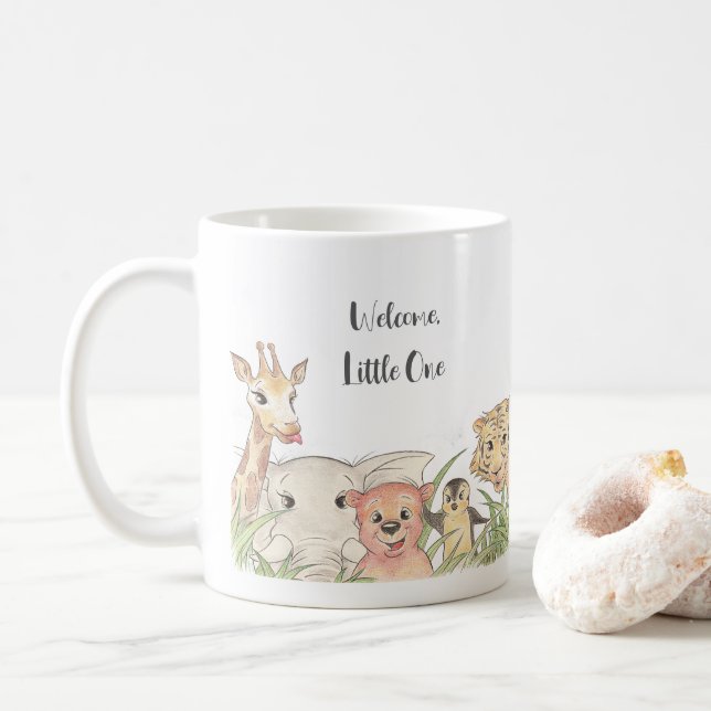 Välkommen lilla safari-bebis, grattis kaffemugg (Med munk)