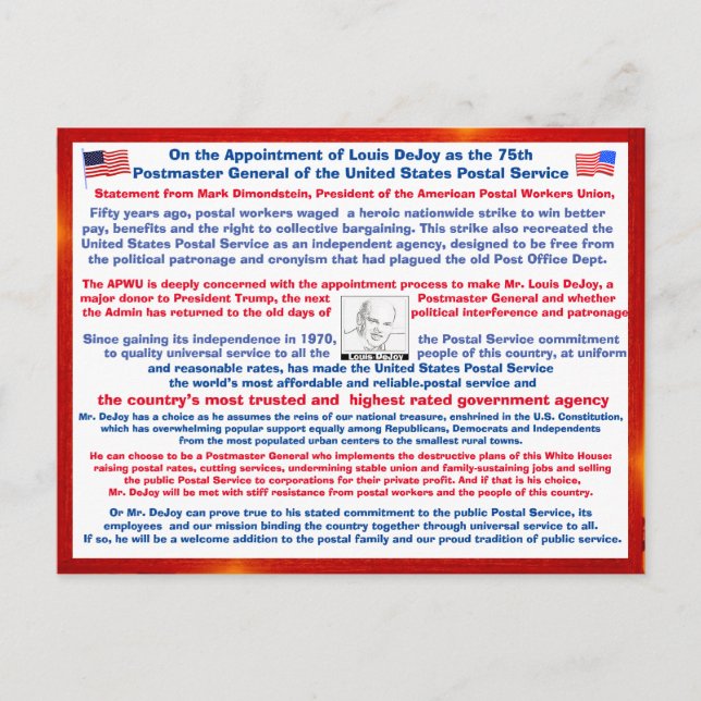 Välkommen Louis DeJoy till USPS. Vykort (Framsida)