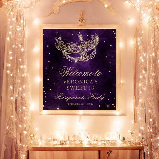 Välkommen Masquerad lila guld glitter Sweet 16 Poster (Welcome Masquerade purple gold glitter Sweet 16 Poster)