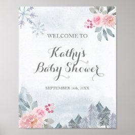 Välkommen med rosa blommor och vintersnöflingor poster