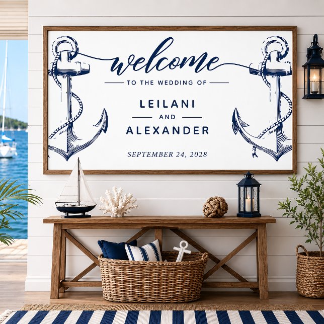 Välkommen nautisk vigselankare vitt poster (Welcome your guests with this nautical anchor design. This can be used as a backdrop for photo ops.)