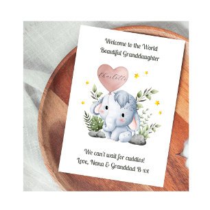 Välkommen Ny Babyflicka Barnbarn Elefant Kort