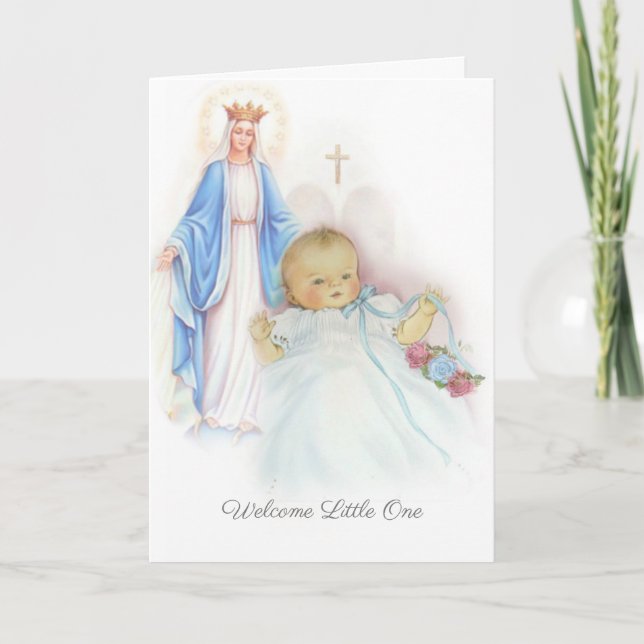 Välkommen Ny Bebis Pojke eller Flicka Religiös Kat Kort (Framsida)