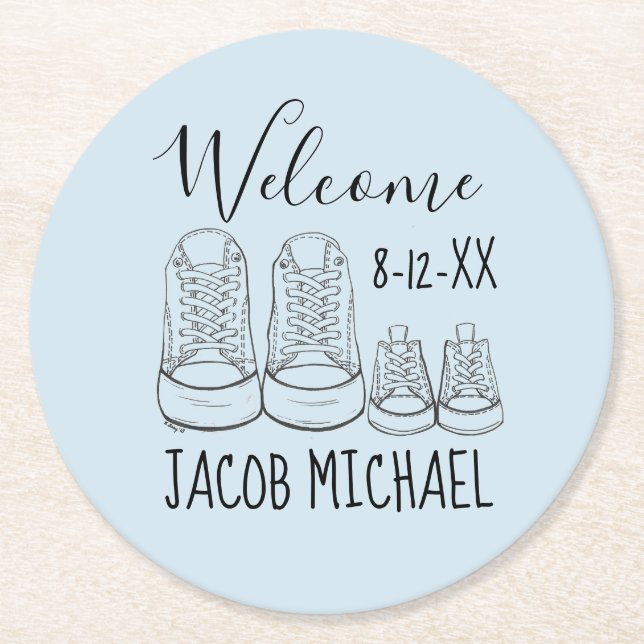 VÄLKOMMEN Nyankommande Baby-skor blått Underlägg Papper Rund (Framsidan)