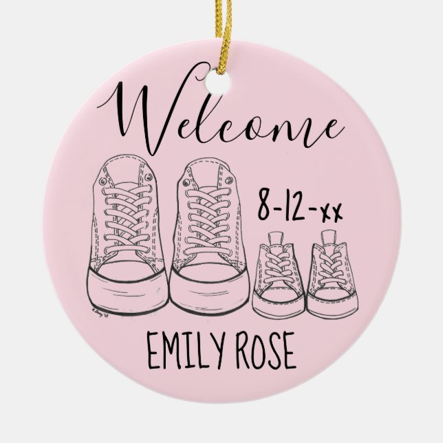 Välkommen Nyfödd bebis Baptism Christening Rosa Gi Julgransprydnad Keramik (Framsidan)