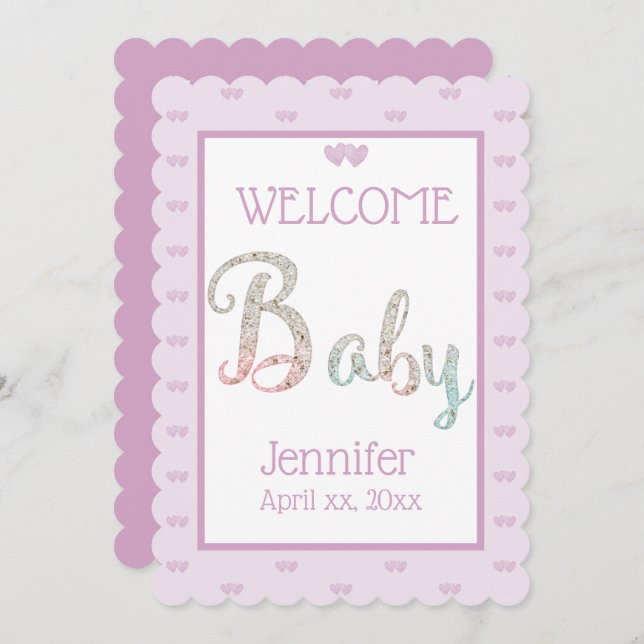 Välkommen Nyfödd bebis, med Namn, Lila Meddelande (Fram/baksida)