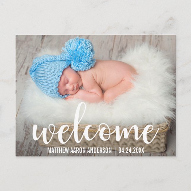Välkommen Nyfödd bebis Modern White-skript Meddelande Vykort (Framsida)