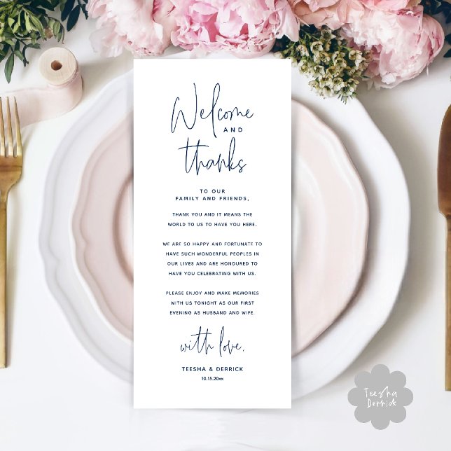 Välkommen och tack Bröllopsfest Tack Kort (Welcome n Thanks Wedding Reception Dinner Brunch Lunch Thank You Card in Navy Blue)